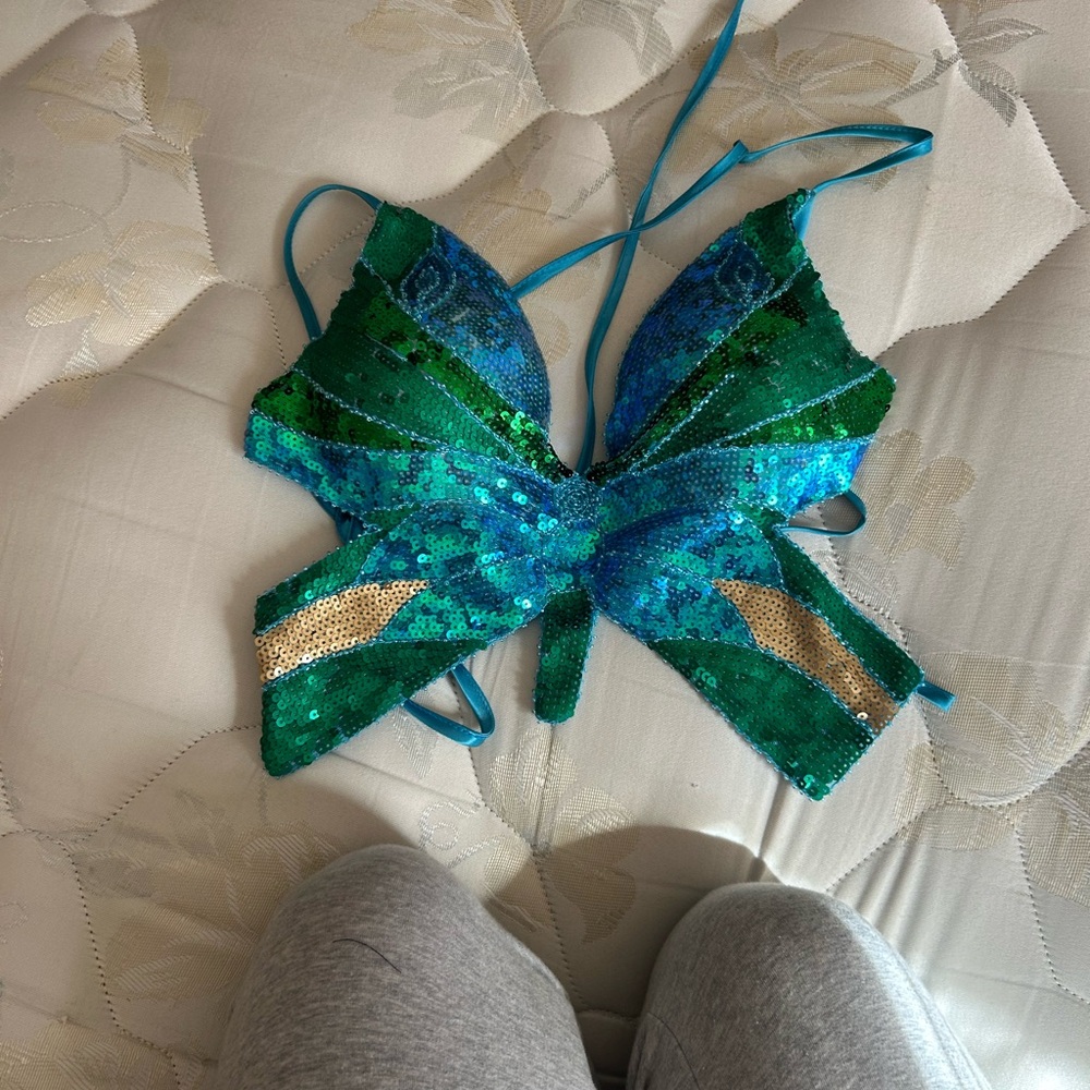 Sparkling Green and Blue Butterfly Lace Up Top